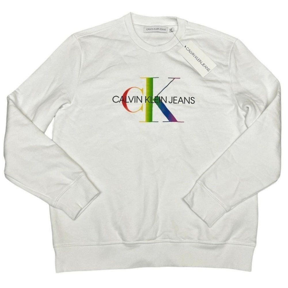 Calvin Klein Sweatshirt Mens M White Rainbow Pullover Spellout Easter Spring - Picture 2 of 9